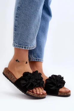 Damskie Klapki Z Kwiatami Czarne Lulania