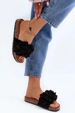 Damskie Klapki Z Kwiatami Czarne Lulania