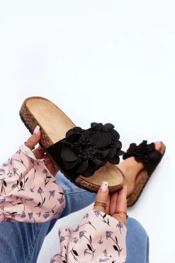 Damskie Klapki Z Kwiatami Czarne Lulania