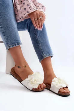 Damskie Klapki Z Kwiatami Białe Lulania