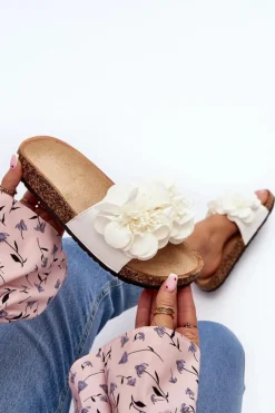 Damskie Klapki Z Kwiatami Białe Lulania