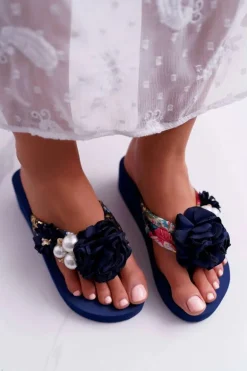 Damskie Klapki Z Kwiatem Japonki Na Koturnie Granatowe Sharme