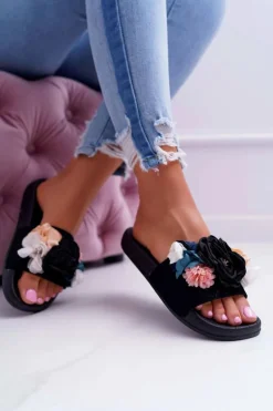 Damskie Klapki Z Kwiatem Czarne Della