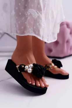 Damskie Klapki Z Kwiatem Japonki Na Koturnie Czarne Sharme