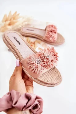 Damskie Klapki Z Materiałowymi Kwiatami Różowe Susana