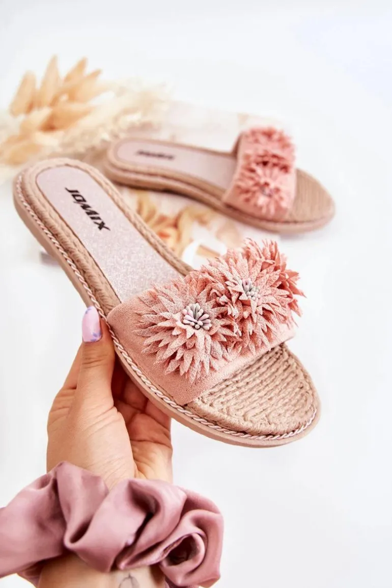 Damskie Klapki Z Materiałowymi Kwiatami Różowe Susana