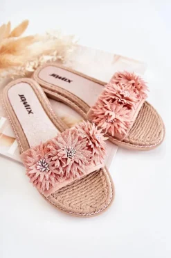 Damskie Klapki Z Materiałowymi Kwiatami Różowe Susana