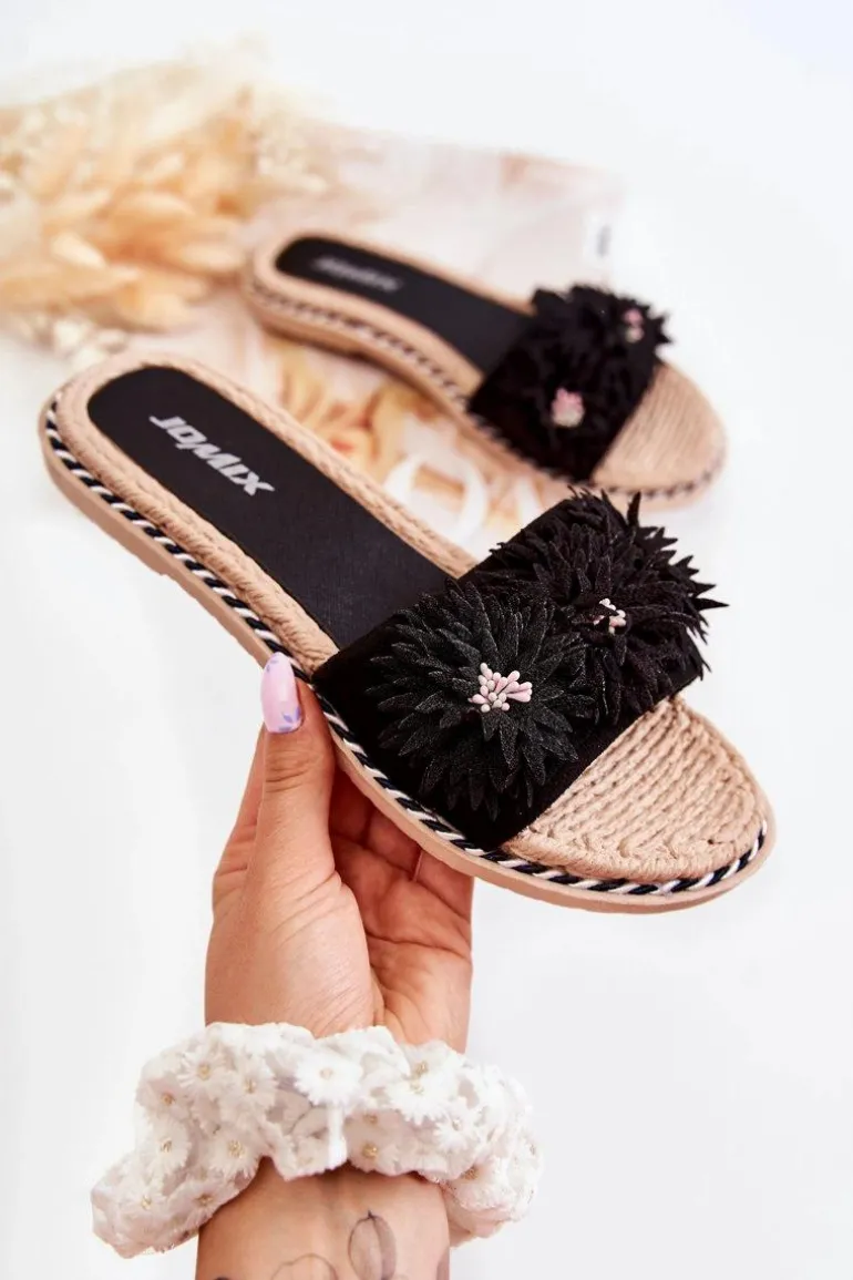 Damskie Klapki Z Materiałowymi Kwiatami Czarne Susana