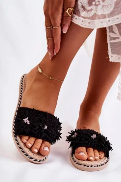 Damskie Klapki Z Materiałowymi Kwiatami Czarne Susana