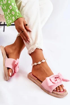 Damskie Klapki Z Materiałową Kokardą Różowe Ginna