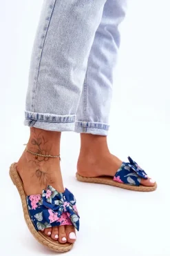 Damskie Klapki Z Materiałową Kokardą Granatowe Blossom