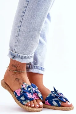 Damskie Klapki Z Materiałową Kokardą Granatowe Blossom