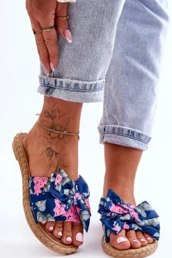 Damskie Klapki Z Materiałową Kokardą Granatowe Blossom