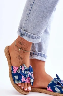 Damskie Klapki Z Materiałową Kokardą Granatowe Blossom