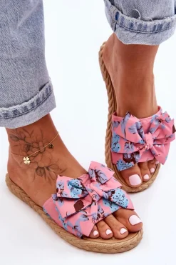 Damskie Klapki Z Materiałową Kokardą Różowe Blossom