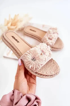 Damskie Klapki Z Materiałowymi Kwiatami Beżowe Susana