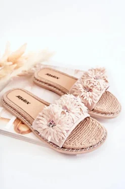 Damskie Klapki Z Materiałowymi Kwiatami Beżowe Susana