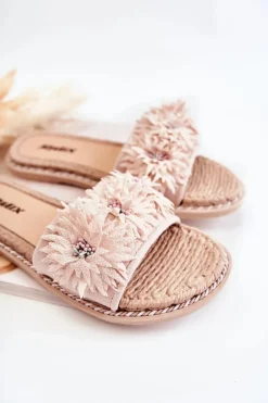 Damskie Klapki Z Materiałowymi Kwiatami Beżowe Susana