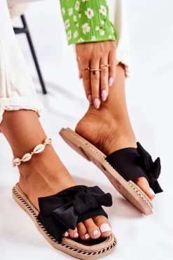 Damskie Klapki Z Materiałową Kokardą Czarne Ginna