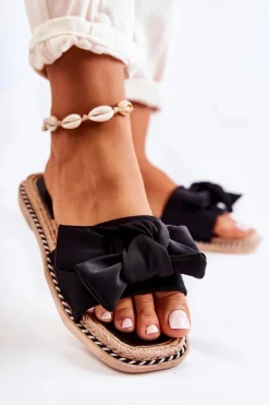 Damskie Klapki Z Materiałową Kokardą Czarne Ginna