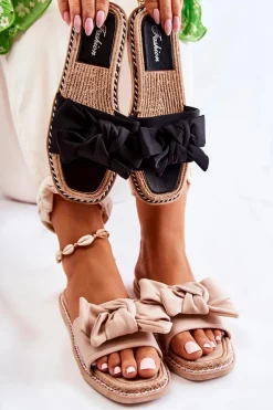 Damskie Klapki Z Materiałową Kokardą Czarne Ginna