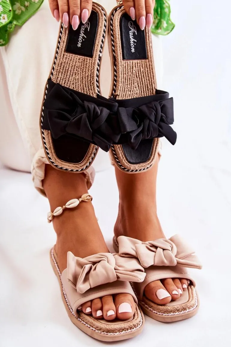 Damskie Klapki Z Materiałową Kokardą Czarne Ginna