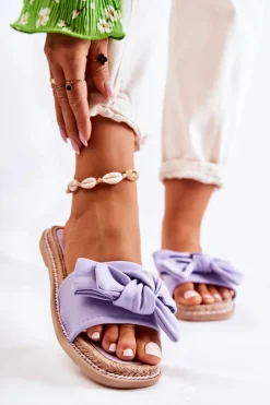 Damskie Klapki Z Materiałową Kokardą Fioletowe Ginna