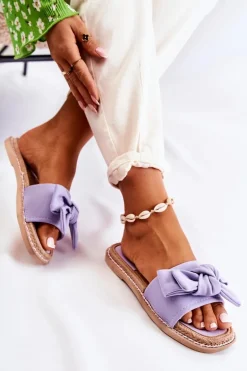 Damskie Klapki Z Materiałową Kokardą Fioletowe Ginna