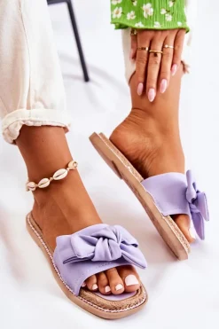 Damskie Klapki Z Materiałową Kokardą Fioletowe Ginna