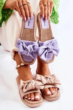 Damskie Klapki Z Materiałową Kokardą Fioletowe Ginna