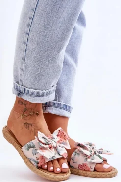 Damskie Klapki Z Materiałową Kokardą Beżowe Blossom