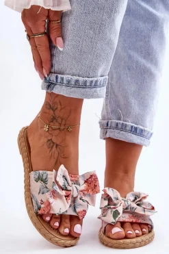 Damskie Klapki Z Materiałową Kokardą Beżowe Blossom