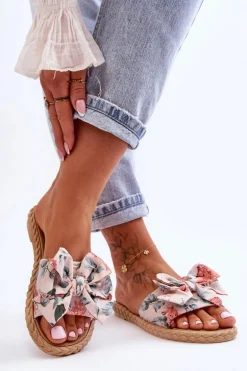 Damskie Klapki Z Materiałową Kokardą Beżowe Blossom