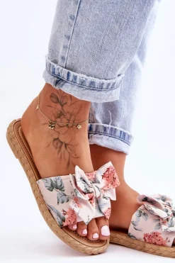 Damskie Klapki Z Materiałową Kokardą Beżowe Blossom