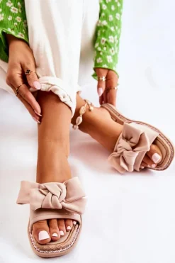 Damskie Klapki Z Materiałową Kokardą Beżowe Ginna