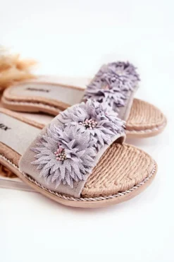 Damskie Klapki Z Materiałowymi Kwiatami Szare Susana