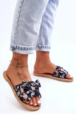 Damskie Klapki Z Materiałową Kokardą Czarne Blossom