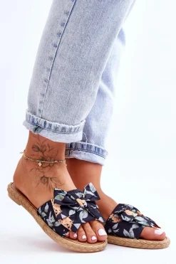 Damskie Klapki Z Materiałową Kokardą Czarne Blossom