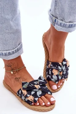 Damskie Klapki Z Materiałową Kokardą Czarne Blossom