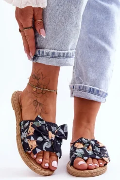 Damskie Klapki Z Materiałową Kokardą Czarne Blossom