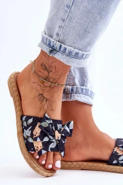 Damskie Klapki Z Materiałową Kokardą Czarne Blossom