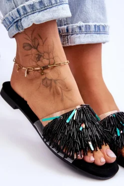 Damskie Klapki Z Modnymi Ozdobami S.Barski KV-576-4 Czarne