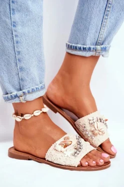 Damskie Klapki Z Muszelkami Beżowe Spain