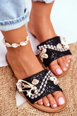 Damskie Klapki Z Muszelkami Czarne Spain