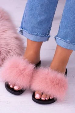 Damskie Klapki z Naturalnym Futerkiem Różowe Naturis
