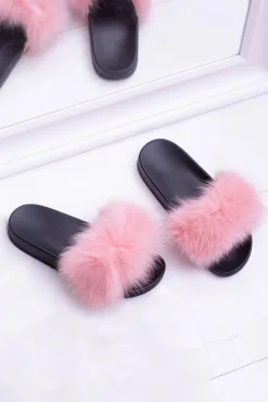 Damskie Klapki z Naturalnym Futerkiem Różowe Naturis