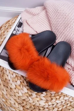 Damskie Klapki z Naturalnym Futerkiem Pomarańczowe Naturis
