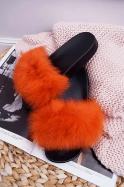 Damskie Klapki z Naturalnym Futerkiem Pomarańczowe Naturis