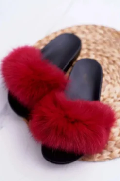 Damskie Klapki z Naturalnym Futerkiem Czerwone Naturis