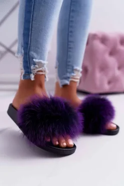 Damskie Klapki z Naturalnym Futerkiem Fioletowe Naturis